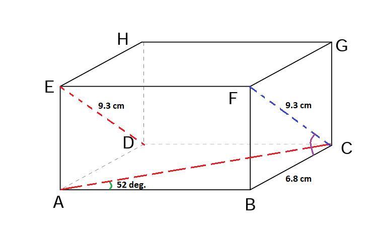 A cuboid abcdefgh is shown bc=6.8cm de=9.3cm angle bac=52 find the size ...