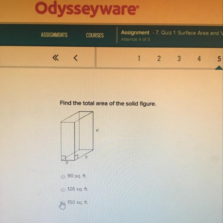 Find The Total Area Of The Solid Figure 90 Sq Ft 126 Sq ft 150 Sq ft