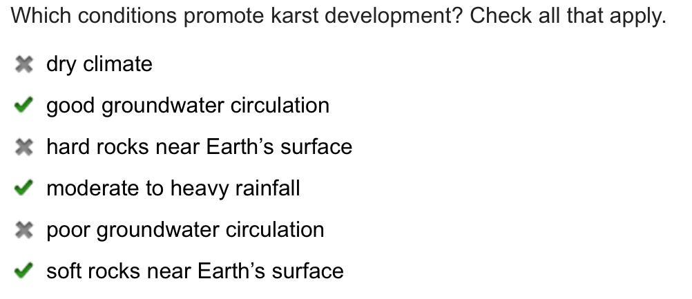 Which conditions promote karst development? Check all that apply.