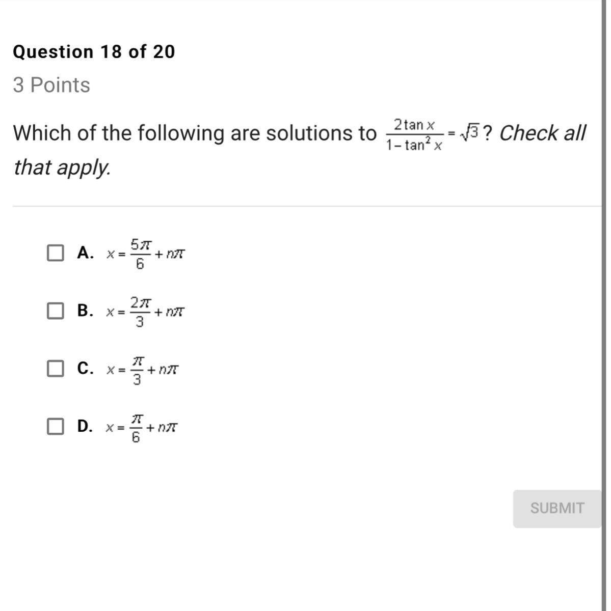 Which Of The Following Are Solutions To 2tanx 1 Tan 2x Sqrt 3